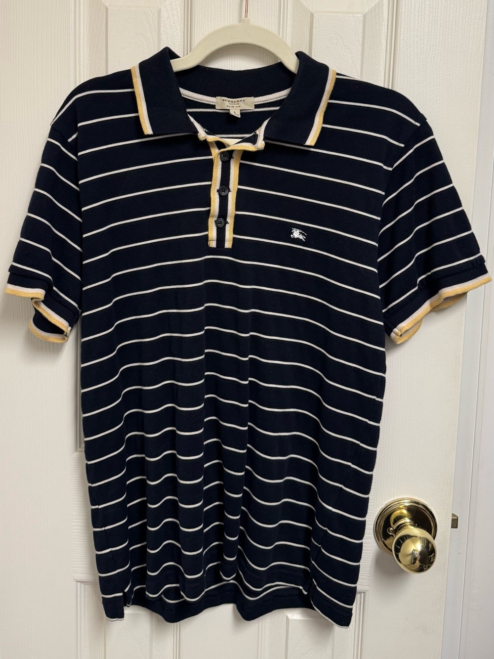 Burberry Navy and White Striped Polo with Yellow Trim